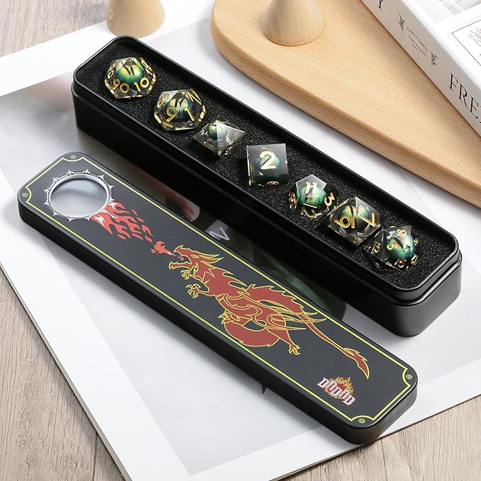 DNDND Eye Resin DND Dice Sharp Edge Resin D&D Die with Gift Case for Dungeons and Dragon Game (Green Dragon Eye)