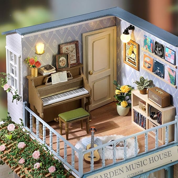 TuKIIE DIY Miniature House Kit with Furniture, 1:24 Scale Creative Room Wooden Mini Dollhouse Plus Dust Proof & Music Movement for Kids Teens Adults(Symphony of Bliss)