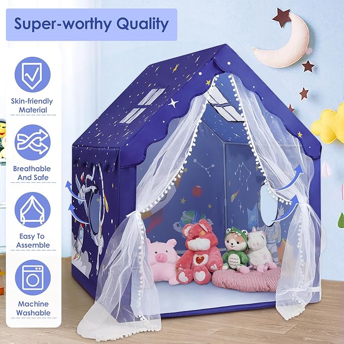 Kids Tent Blue Space Toddler Playtent for Boys,Large and Foldable Kids Playhouse with Windows, Portable and Lightweight Play Tent Indoor&Outdoor for Gift to Toddlers