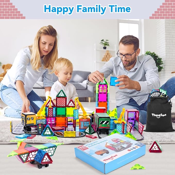 Theefun 70pcs Magnetic Tiles Road Set with Crane & 2 Cars Magnetic Blocks Double Side City STEM Construction Toy Gifts for Kids 3+ Years Old, Include 56 Magnetic Blocks, 13 Magnet Toppers, 1 Bag