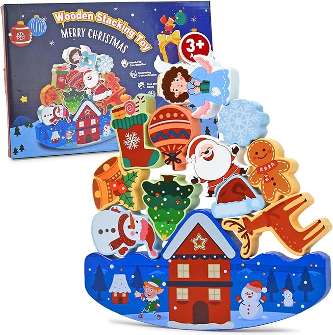 Vileafy Christmas Toys for Toddlers and Kids Gifts, Xmas Wooden Stacking Toys -12 Play Figure Playsets -Santa Claus, Snowman, Reindeer & Gingerbread Man for Stocking Stuffers