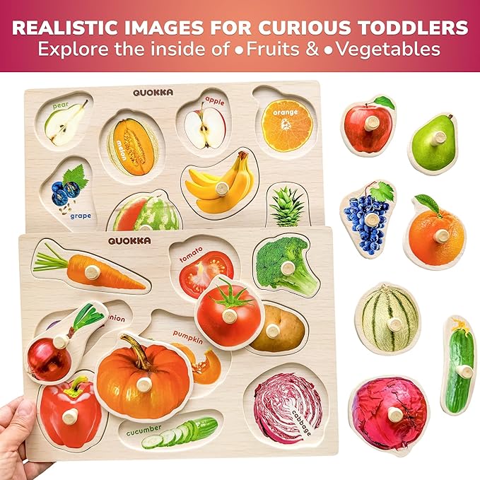 QUOKKA Wooden Puzzles for Toddlers 1-3 - 8 Montessori Toddler Puzzles Ages 2-4 in a Rack - Learning Alphabet Numbers Animals Toy for Kids 3-5 - Wood Games Gift for Boys and Girls