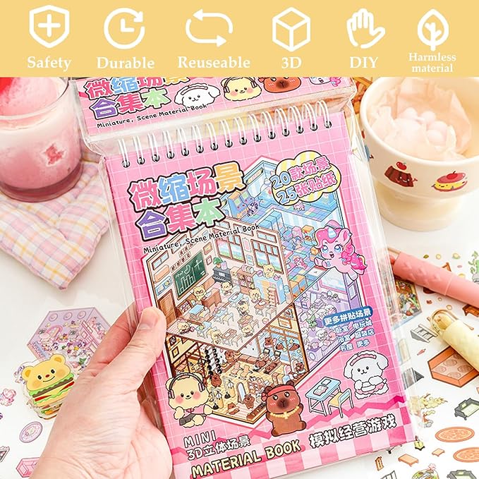 Scene Sticker Book for Kids, 20 Sets of 3D Sticker Scenes for Adults Fun Mini Cute Kawaii Stickers Therapy 3D Scenes 3D House Stickers Set Relief Stress Pass The Time
