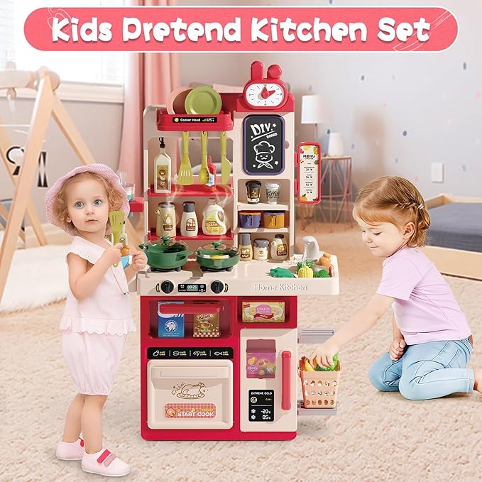 Kids Kitchen Playset Set, 63PCS Pretend Play Kitchen Toys for Toddlers, Cooking Stove with Steam Sound Light, Play Sink with Manual Faucet, Play Food Accessories Gift for Girls, 33’’H Red