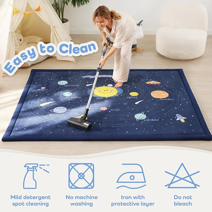 1.3" Thick Educational Baby Floor Play Mat 79x118, Basic Padded Memory Foam Kids Mat, Large Non-Slip Plush Playmat for Nursery Playroom Classroom (Planet)