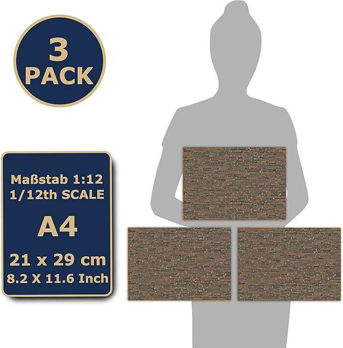 3 Sheets Self-Adhesive Wall Cladding for Dollhouse 1:12 Scale (Weathered Stonewall)