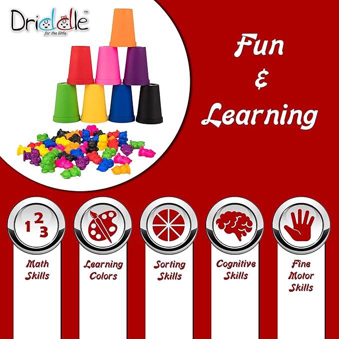 Colorful Counting Bears with Matching Cups - 80 Bears - Sort, Count & Color Recognition Learning Toy for Toddler & Kids - Montessori Education - Preschool Game