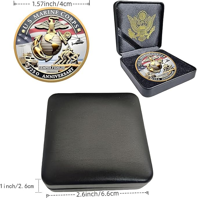 USMC 250th Anniversary Commemorative – Navy 250th Anniversary Coin, Double-Sided Marine Corps Challenge Coin with Metal Gift Box – Collectible Gift for Veterans, Marines, Patriots – 1.57"