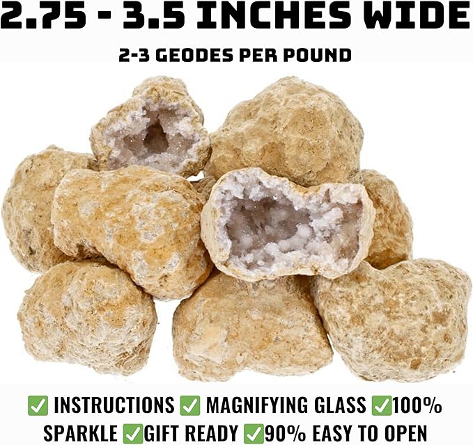 Break Your Own Geode Kit – 10 Natural Geodes 2.75 to 3.5 Inch Crack-Open Experience + Easy to Open + Tools + Geologist Guide – Less Effort for Easy Reveal – STEM Activity + Collectable Gems - Large
