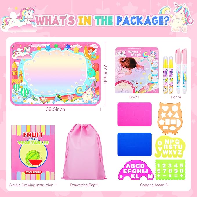Water Doodle Mat, Unicorn Drawing Mat for Toddlers, Kids Water Painting Pad Coloring Board Set, Art Supplies for Toddlers, No Mess Crafts Birthday Christmas Gifts for Girls Ages 3 4 5 6 7 8