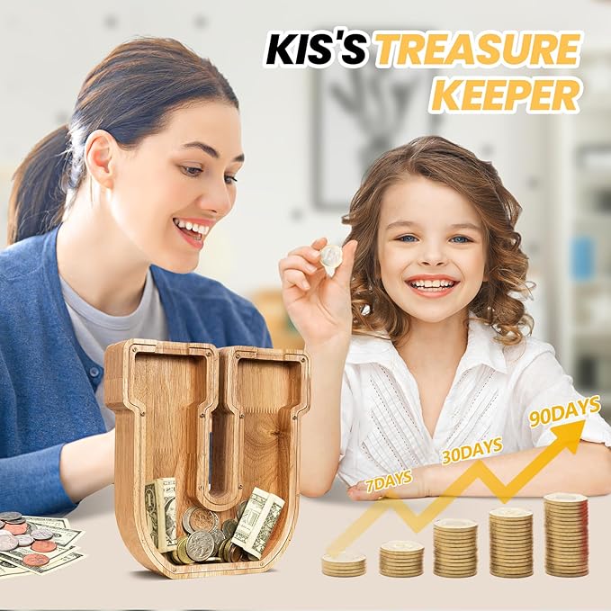 KMC Wooden Letter Piggy Bank, Personalized Initial Piggy Bank for Kids Boys, Clear Alphabet U Wood Money Box, Unbreakable Coin Saving Jar, Birthday, for Children