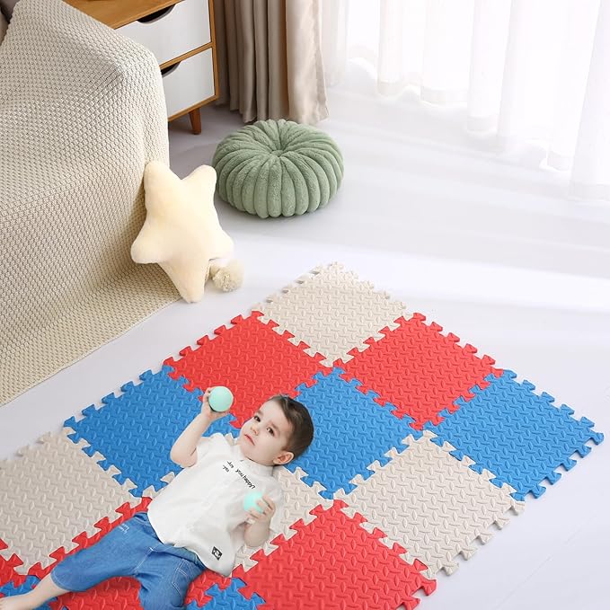 Foam Play Mat for Baby, 0.4 Inch Thick Foam Interlocking Floor Mats, Soft Non-Toxic Baby Playmat, Solid Colored Puzzle Play Mat Kids Floor Mats for Toddler, 16 Tiles(White/Red/Blue)