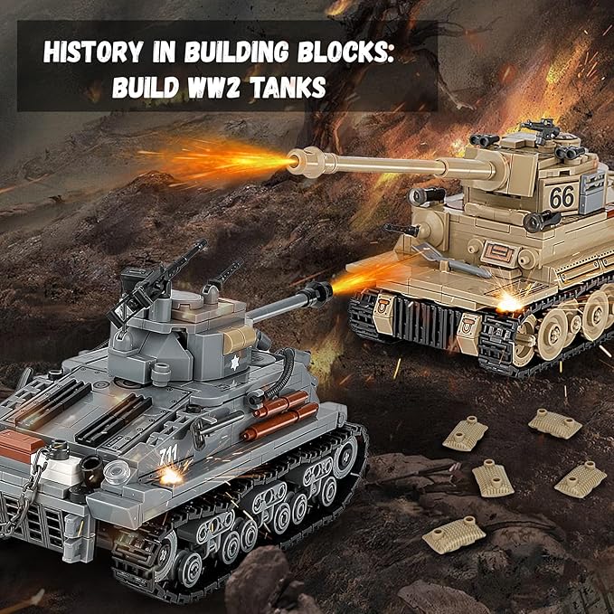 2-in-1 Army Tank Toy Building Set, Includes German Tiger and American Sherman Models, Compatible with Lego Army Sets, Military Building Blocks Set for Kids 8-14 (1184 Pieces)