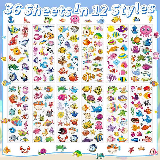 36 Sheets Underwater Stickers for Kids - 900+ 3D Puffy Sea Animal Stickers | Fish, Dolphin, Shark, Octopus, Turtle | Reusable, Waterproof | Crafts, Scrapbooking, Party Favors