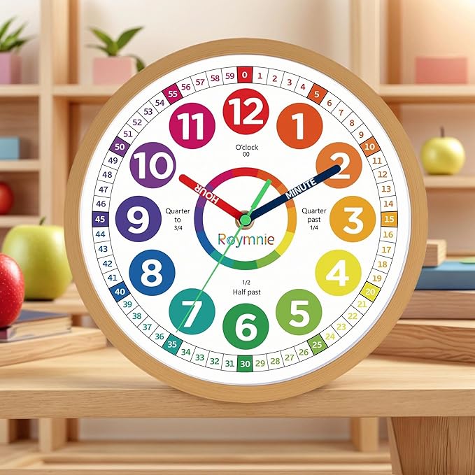 Wall Clock 10 Inch for Kids Learning Easily Kids Teaching Clock Analog Silent Non Ticking Battery Operated Colorful Teaching Time Clock Decorative for Kids Room Kitchen School