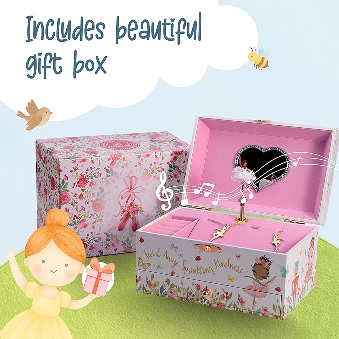 The Memory Building Company Ballerina Musical Jewelry Box, Classic Melody, Storage Organizer Kids Ages 6-12, Wood Construction w/ 2 Compartments