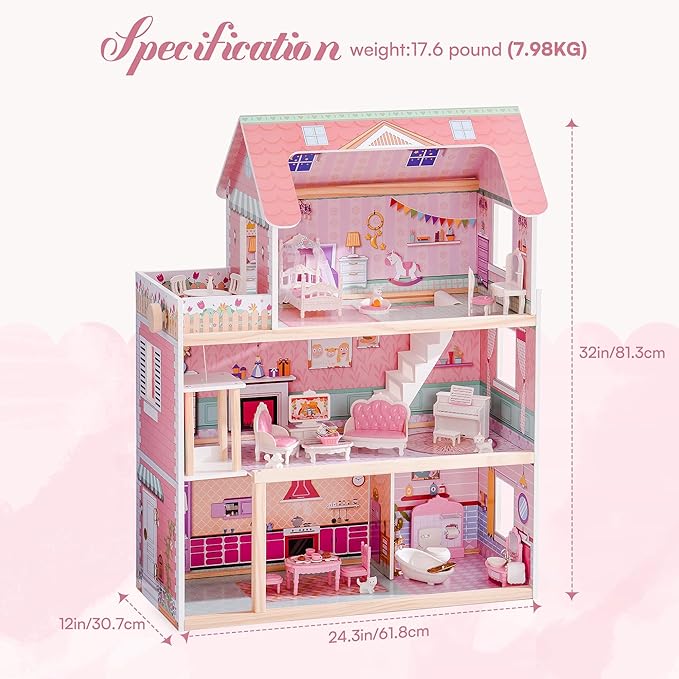 ROBUD Wooden Dollhouse, Doll House Playset with 24-pcs Exquisite Accessories, Working Elevator, Gift for Ages 3+