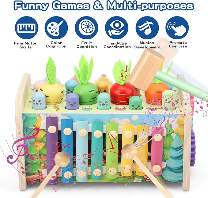 10 in 1 Montessori Toys for Toddlers, Wooden Hammering Pounding Toy with Whack A Mole Game, Xylophone, Fishing and Fruit Recognition Baby Brithday for Toddlers