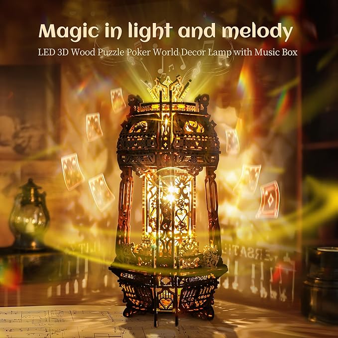 LED 3D Wood Puzzle Poker World Projector Lamp – DIY Craft Kit with LED Lights and Music Box – Creative Poker-Themed Lamp, Nightlight Gift for Home Décor (Black Walnut)