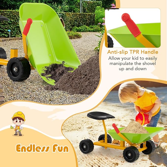 Costzon Kids Ride-on Sand Dumper, Children Outdoor Sandbox Toy w/Ergonomic Handle & 4 Wheels, Heavy Duty Steel Digging Metal Garden Play Tool for Boys Girls, Kids Wheelbarrow (Light Green)