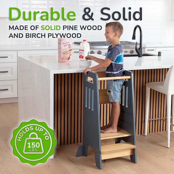 OCODILE Toddler Tower with a Sliding Door and 3 Adjustable Heights - Complete Toddler Kitchen Stool Helper with Support Feet - Safe Design for 18+ Months to 6-Year-Old Kids - Gray