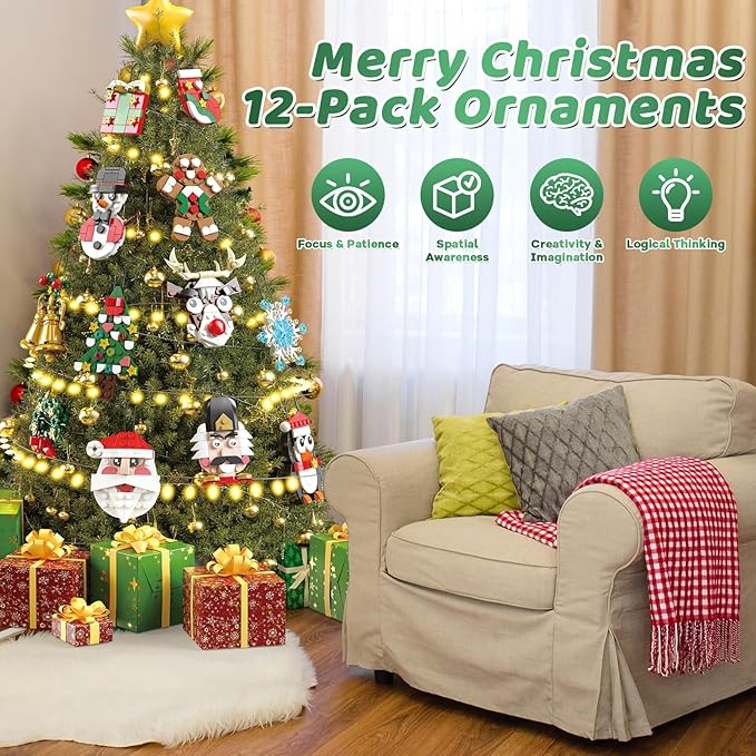Christmas Ornaments Building Set 2025 Advent Calendar - 12 DIY Xmas Tree Hanging Decorations with Santa, Snowman More, Christmas Stocking Stuffer Building Toys Gift for Girls Boys Ages 6+