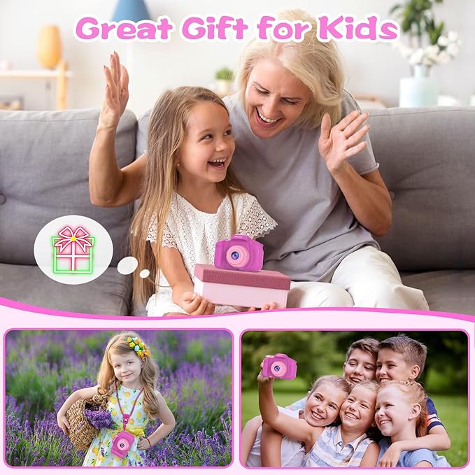 PROGRACE Kids Camera for Girls and Boys Ages 3-12, Toddler Digital Camera with IPS HD Screen, 1080P HD Video, 32GB SD Card, Perfect Birthday Purple