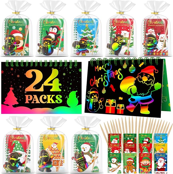 24 Pack Christmas Scratch Art Party Favors for Kids - Rainbow Scratch Paper with Christmas Scratch Off Cards Easter Birthday Goodie Bags Stuffers - Winter Holiday Gifts DIY Classroom Prizes