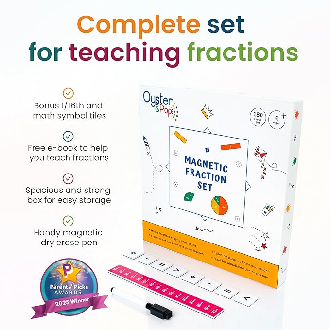 180pcs Magnetic Fraction Tiles & Fraction Circles Manipulatives - Montessori Magnetic Fractions for Kids - 3rd 4th 5th Grade Fraction Manipulatives Class Set - Makes Learning Fractions Fun & Easy