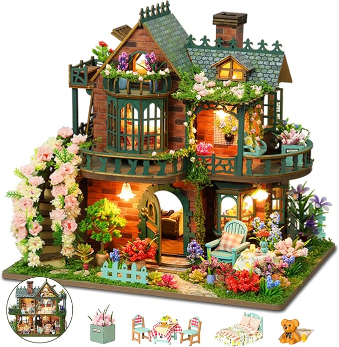 DIY Miniature House Kit with LED Lights, Fairy Garden Wooden Mini House Building Kit for Adults & Teens, Creative Crafts for Women, Friends & Hobbyists