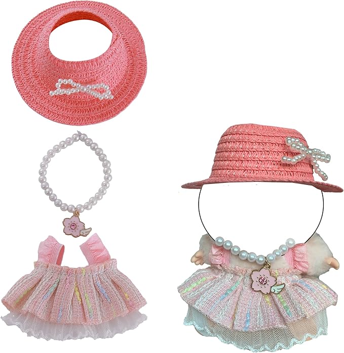 Clothes for Doll 3 PCS 17cm Clothes Set Cute Style Outfit Pink Dress Straw Hat Necklace for 6.7 Inches Doll Only Accessories