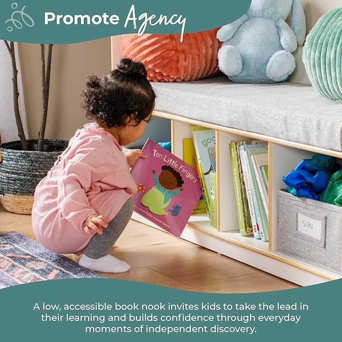 Guidecraft EdQ Kids' Reading Nook - Natural: Wooden Storage Bench Bookcase Organizer with Divided Cubbies and Bins for Books and Toys | Preschool and Homeschool Furniture