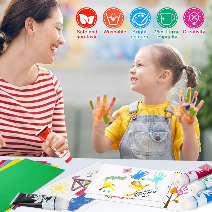 Washable Finger Paint for Toddlers, 8 Colors Large Capacity (2.54fl Oz) with Sponge Tip, Non-Toxic Baby Safe Paint for Hand and Feet, Art Supplies, Preschool Learning Gifts, Ages 1-3 4 5 6+