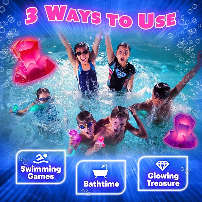 Dive Diamonds – Diving Toys and Light Up Pool Toys for Kids | Ages 4-8+, 1-8 Players | Glow in the Dark Pool Toys, Light Up Dive Toys | Swim Toys | Pool Diving Toys | Bright, Easy Grip, 100% Reusable