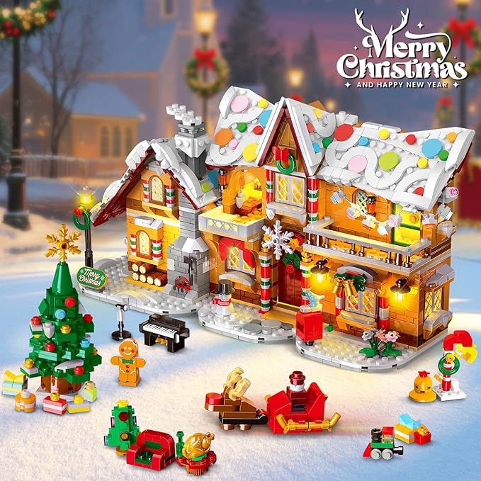 2025 Christmas 3 Style Gingerbread House Building Set with Light - 1477PCS Christmas Village Castle Building Block Toy with Santa Claus Xmas Tree Train for Adults Kids Girls Boys Ages 6+