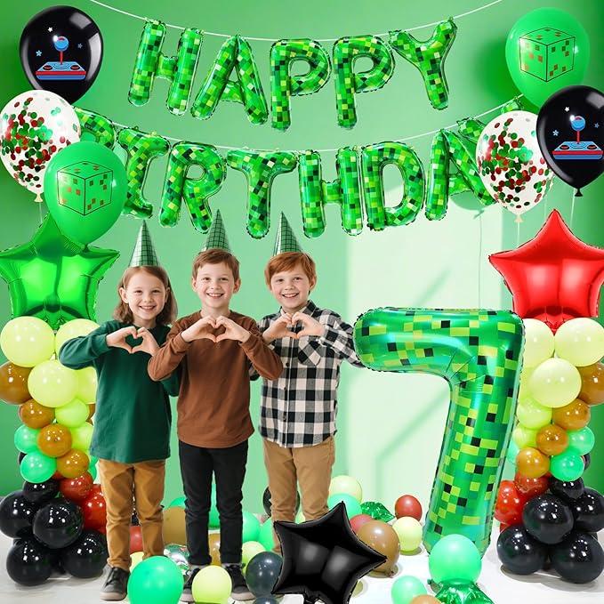 40in TNT Pixel Number 7 Balloon Birthday Decorations, Miner Theme Green Foil Balloons Blast Gaming Party Supplies