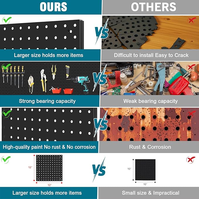 Peg Board,Steel Organization Panels, Ideal for Garage Tool Storage, Office Organization, Craft Room, Kitchen,Pack of 6(Black, 6-12X12)