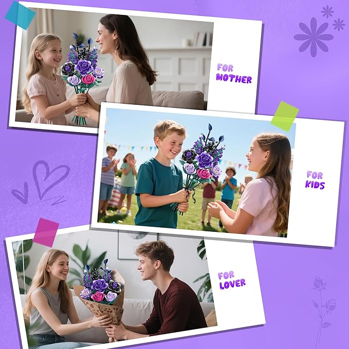 Purple Roses Bouquet Building Set for Kids Ages 6+, 701PCS Artificial Flowers Bouquet Home Office Decor for Adults Women Teengirls, Gift for Birthday Valentine's Day Halloween Christmas