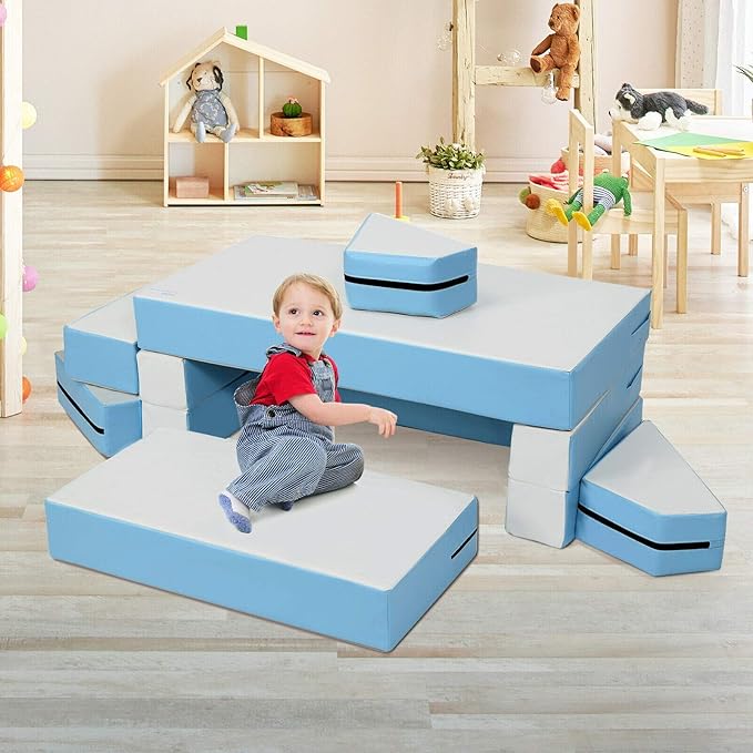 Costzon Climb and Crawl Foam Playset, 4-in-1 Convertible Furniture Into Toddler Bed, Sofa, Table, Activity Play Blocks, 8-Piece Lightweight Couch for Kids, Baby, Preschooler (Contemporary)