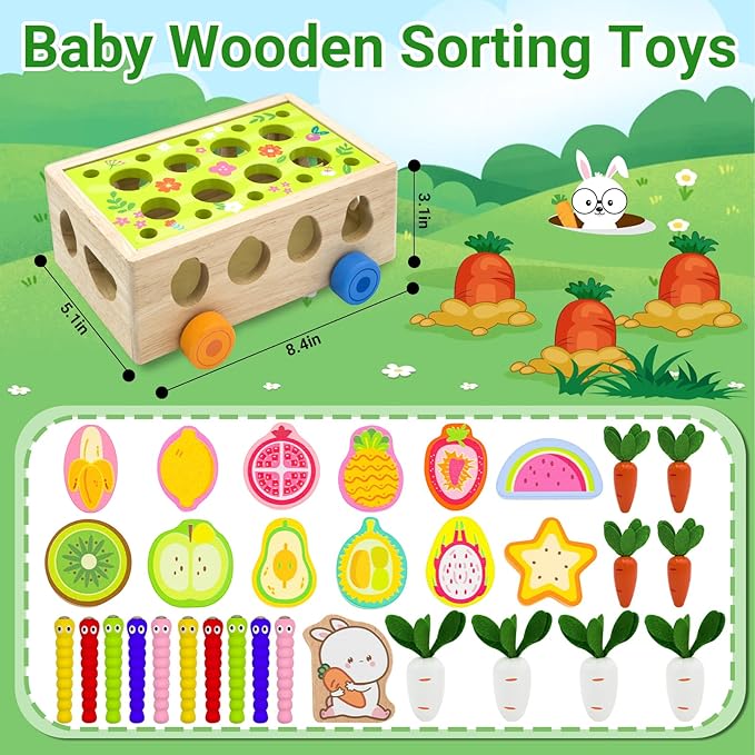 Montessori Wooden Shape Sorter for Baby Carrot Shape Sorting Toy for Toddlers 1-3 Montessori Shape Puzzles Fine Motor Toys Sensory Learning Educational Toys for Kids 1 2 3 4 5 6 Years Old