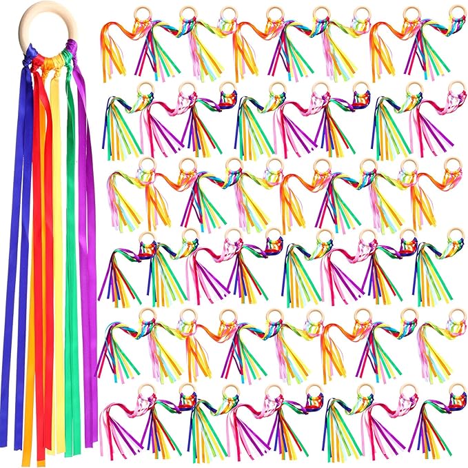 Junkin Ribbon Rings Hand Kite Waldorf Toys Dancing Wrist Ribbons Rainbow Streamers with Wood Ring Educational Toy for Playroom Dancing Birthday Party Gift(Rainbow,48 Pcs)