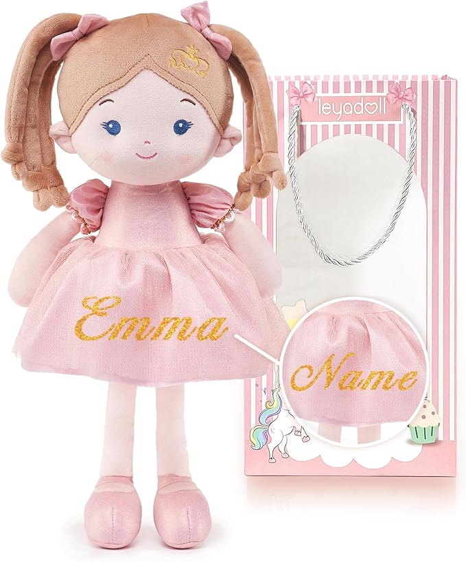 LeyaDoll Personalized Soft Baby Doll Toys for Girls (16''), My First Christmas Dolls, Leya Doll Baby Rag Doll Plush Toys for Toddler Kids Infants -Princess-Coral