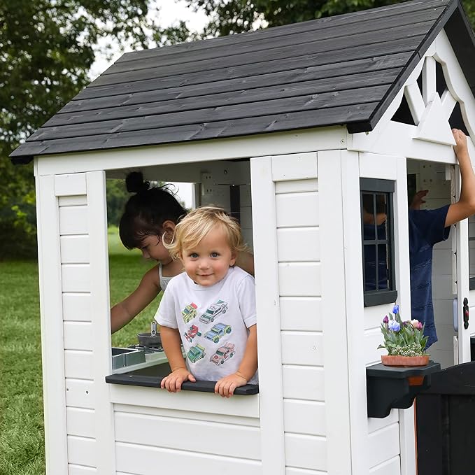Backyard Discovery Sweetwater White Cedar Wooden Kids Playhouse Cottage with Play Kitchen, Snack Bar, Half Door, Toy Phone, Windows, Flowerpot Holders, Working Doorbell for Outdoor Imaginative Play