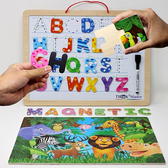 Think2Master Alphabet Whiteboard & Animal Puzzle (PreK, Kindergarten, 1st) for Families, Home School & Classrooms. Learn to Read & Write Size 14.5” x 10.5" (Animal Edition)