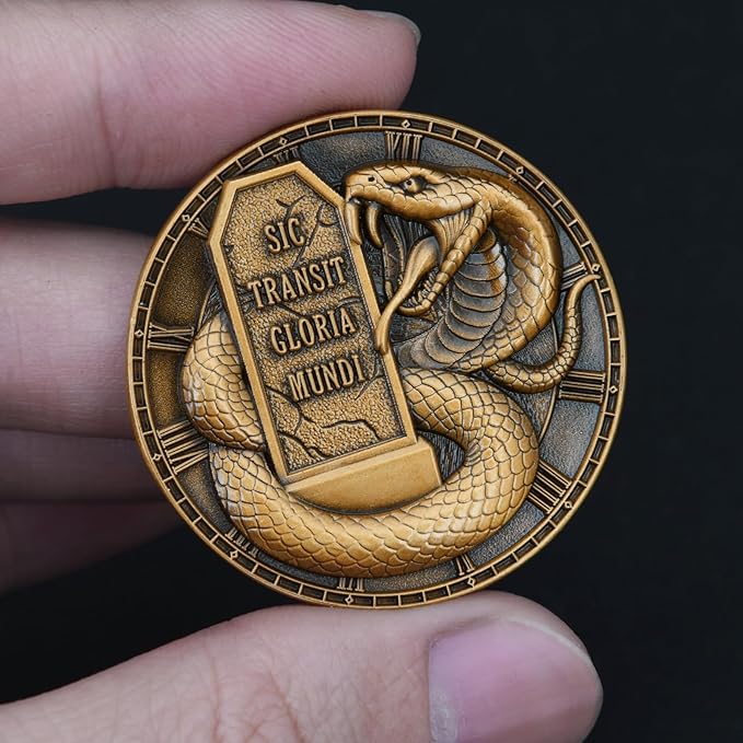Memento Mori Challenge Coin - Hourglass & Scythe Design with Latin Inscriptions, Embrace Life’s Transience with Inspirational Design (Single Coin)