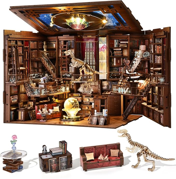 DIY Book Nook Kit for Adults, 3D Wooden Puzzle Bookend Bookshelf Insert Decor with LED Light and Dust Cover (Beyond Library Max)