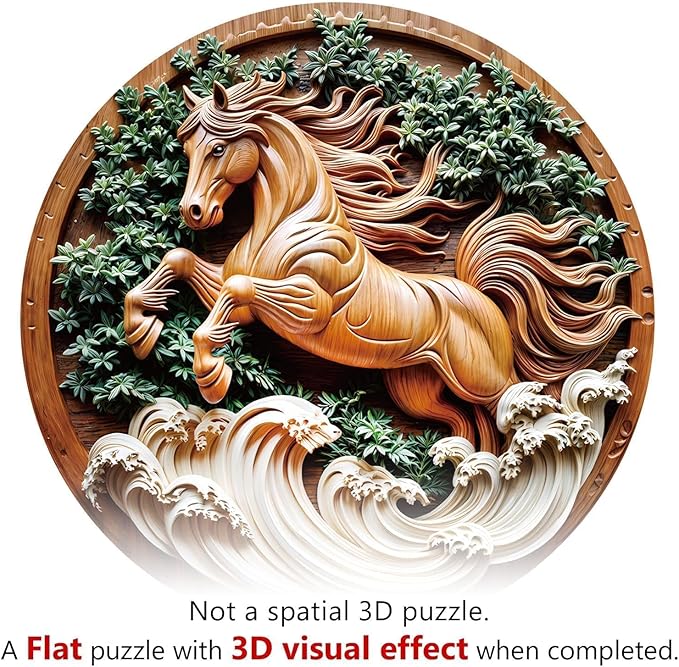 Wooden Puzzles for Adults - Flat Puzzle with 3D Visual Effect Horse Puzzle, Unique Shape Animal Wooden Puzzle, Unique Gift Ideas, Wood Puzzles Adult, Wall Art Puzzle Canvas (M-11.4*11.4in-200 Pieces)