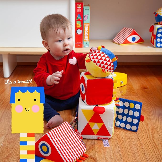 Follies The Baby Bauhaus Set - Award Winning Jumbo Soft Baby Blocks, Rattle Ball, Mirror from 0 to 18 Months - Must Have Montessori Developmental Sensory Toys for Tummy Time and Brain Development