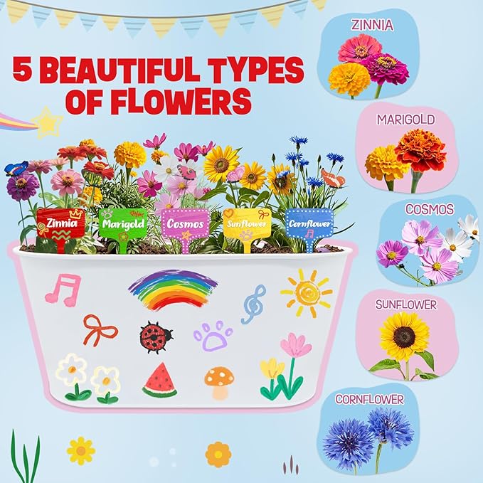 Paint & Plant Kids Gardening Set with 5 Flower Seeds, Arts and Crafts for Kids Ages 4-12, Science STEM Toys for Toddler Education, Birthday Gifts Ideas for Girls & Boys 4 5 6 7 8 9 10 11 12 Year Old
