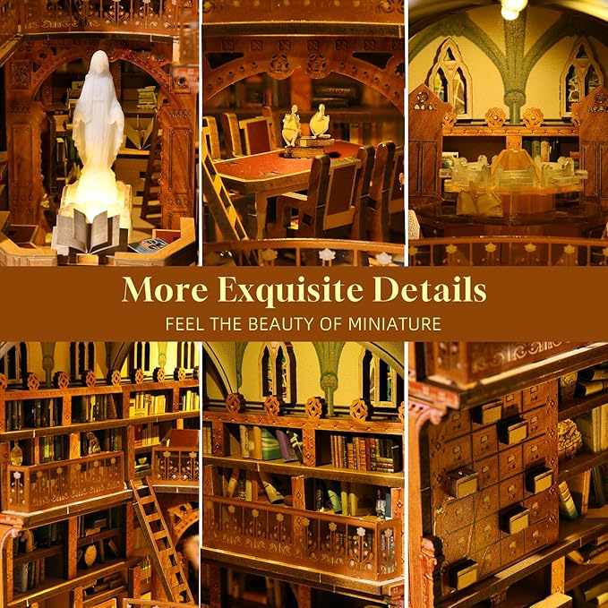 DIY Book Nook Kit, Miniature Dollhouse Booknook Kit, 3D Wooden Puzzle for Teens and Adults, Bookend Bookshelf Insert with LED Light (Public Library)